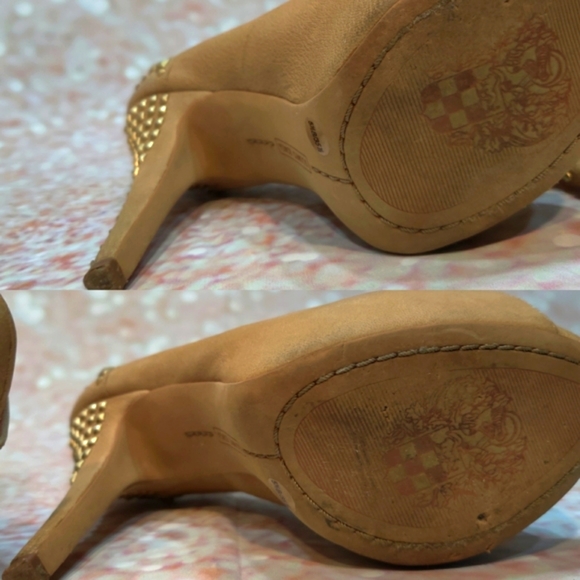 Vince Camuto Tan Leather Peep Toe Studded Heels - Picture 7 of 8